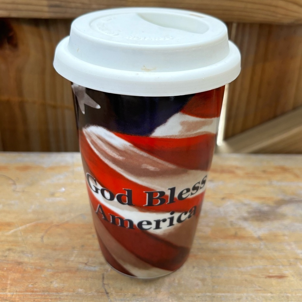 Cypress Home God Bless America American Flag Insulated Travel Mug with Lid 11oz